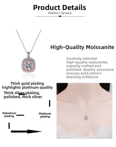 Macro shot of 925 silver necklace with halo moissanite pendant and model wearing view