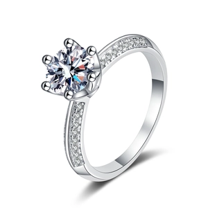 Elegant 925 silver six-prong moissanite ring with micro-pave diamonds on white background