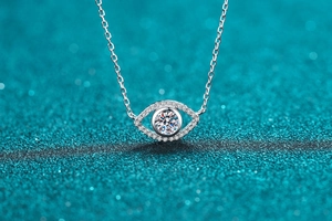Macro detail of S925 silver Evil Eye pendant with sparkling round moissanite inlay