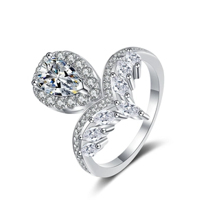 S925 silver ring featuring a pear-shaped moissanite and marquise-cut accents on white background
