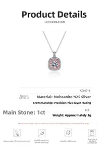 Detailed view of 1ct moissanite square pendant in 925 sterling silver with pink side stones