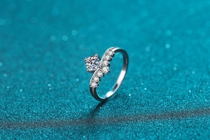 Macro shot of silver crown ring featuring a brilliant solitaire stone and side accent diamonds