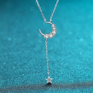 S925 Sterling Silver Moissanite Star and Moon Pendant Necklace For Women Elegant Celestial Fine Jewelry Trendy Thin Chain Gift