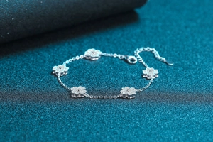Detailed view of 925 silver four-leaf clover bracelet with micro-pave moissanite stones