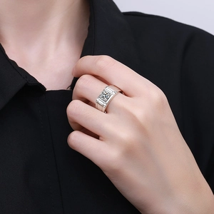 Men's S925 sterling silver ring with square-cut moissanite stone in a pyramid design