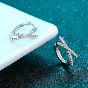 S925 sterling silver hoop earrings with criss-cross X design and white moissanite pavé