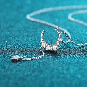 S925 sterling silver crescent moon and star pendant necklace with sparkling stones