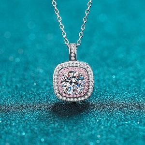 925 Sterling Silver Square Halo Pendant Necklace Moissanite Zirconia Micro Pave Pink White Rhinestone Chain Jewelry For Women