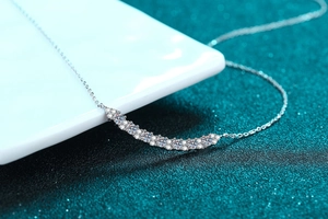 Macro shot of 925 sterling silver smile necklace featuring sparkling moissanite curved pendant