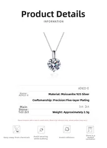 Detail view of 925 silver moissanite necklace with 6-prong setting and jewelry specifications