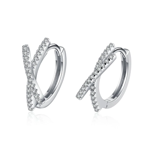 Elegant S925 sterling silver hoop earrings with crisscross X-shape pavé moissanite stones