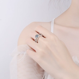 925 sterling silver double-layer moissanite ring with pavé stones for women
