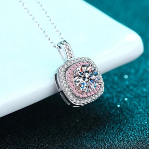 925 silver necklace with square double halo pendant and round sparkling moissanite stone