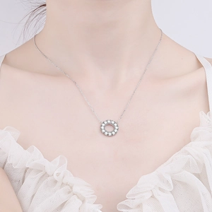 S925 sterling silver round pendant necklace with full pavé crystals on a delicate chain