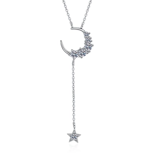 S925 sterling silver moon and star pendant necklace with sparkling moissanite stones