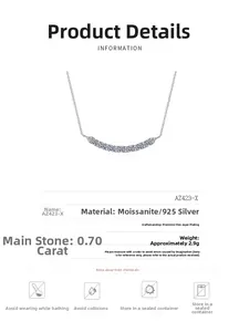 Detail view of 925 silver moissanite smile necklace with technical specifications and 0.7ct stone