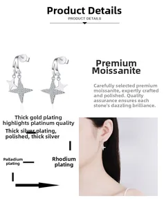 Détail de boucles d'oreilles étoiles en moissanite avec placage multicouche et poli