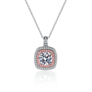 Square silver necklace with halo moissanite pendant and double-layered pavé stones