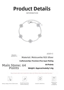 Detail view of 925 silver clover bracelet with moissanite stones and craft specs