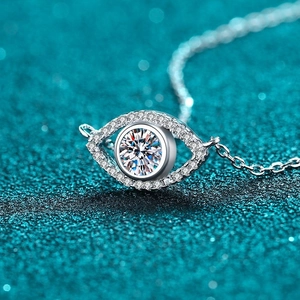 S925 sterling silver Angel Eye pendant necklace with pavé moissanite on a blue background