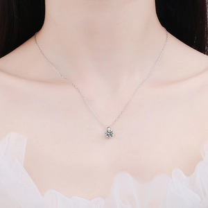 Classic 925 sterling silver solitaire moissanite necklace displayed on model