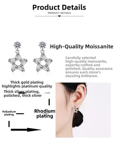 Close-up of S925 sterling silver star-shaped moissanite earrings with multi-layer plating
