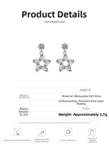 Detail view of S925 silver star earrings with 0.2ct moissanite and five-layer plating