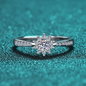 Elegant 925 sterling silver moissanite ring with classic sunflower halo design on blue background