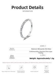 Macro shot of S925 sterling silver twisted moissanite ring with detailed product specs