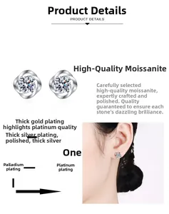 Dettaglio degli orecchini in Moissanite a quattro griffe con modella che li indossa