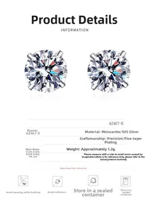 Detailed parameter chart for 925 silver four-prong moissanite stud earrings featuring plating specs