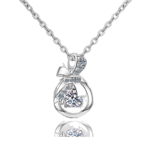 Elegant S925 silver bow necklace with a heart-shaped moissanite pendant on white background