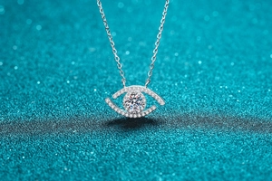 Detailed view of 925 sterling silver evil eye pendant with moissanite center stone