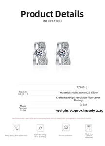Detail view of S925 sterling silver rectangular earrings with 0.6ct Moissanite studs