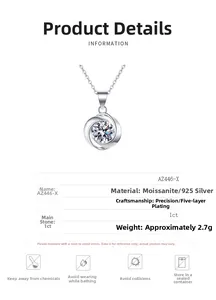 Detail specifications of S925 silver necklace with 1ct moissanite pendant and care guide