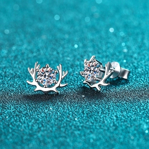 925 Sterling Silver Moissanite Antler Stud Earrings For Women D Color VVS1 Moissanite Zirconia Deer Horn Christmas Jewelry Gift