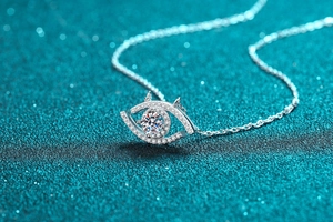 Macro shot of 925 sterling silver evil eye pendant with moissanite pave setting