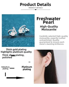Détail macro d'une boucle d'oreille en argent S925 avec perle et moissanite