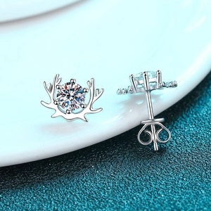 S925 sterling silver deer antler stud earrings with round brilliant moissanite stone