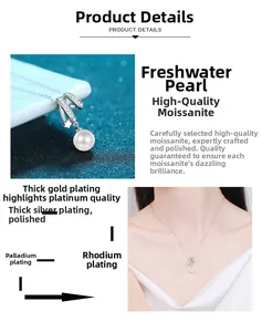 Macro detail of S925 silver necklace with 8mm freshwater pearl and moissanite stones