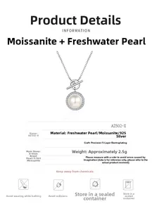 Detail view of 925 silver necklace with 9mm freshwater pearl and moissanite stone specs