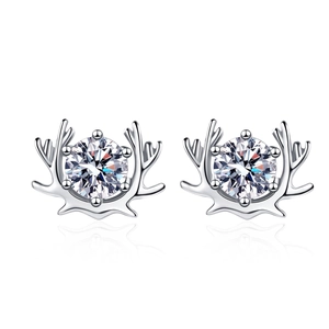 Elegant S925 sterling silver reindeer horn stud earrings with sparkling moissanite stones