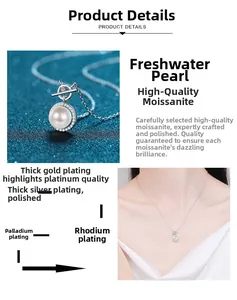 Detail of S925 silver necklace with a 9mm freshwater pearl and moissanite stones