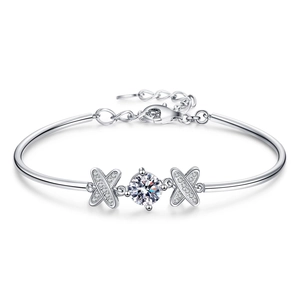 S925 sterling silver bracelet with one carat moissanite and X-shaped crystal accents