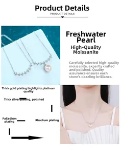 Macro detail of freshwater pearl necklace with Moissanite clover pendant on a silver chain