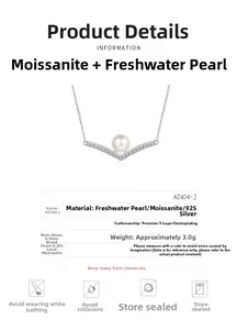 Detailed view of S925 silver necklace with V-shaped moissanite and 8mm freshwater pearl
