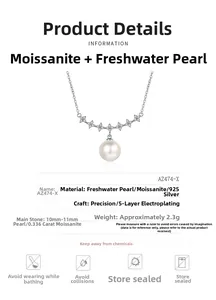 Detail view of 925 silver necklace with 10-11mm freshwater pearl and moissanite stone