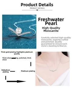 Close-up of S925 silver V-shaped necklace with 8mm freshwater pearl and moissanite stones