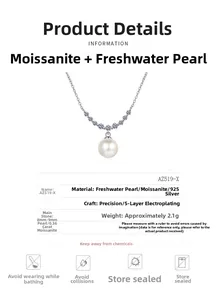 Vue détaillée du collier en argent 925 avec perle d'eau douce 8mm et pendentif moissanite