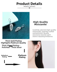 Detail showing S925 sterling silver leaf drop earrings with moissanite inlay and plating